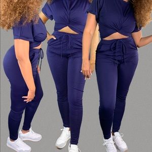 Navy blue twist top with high waisted pants